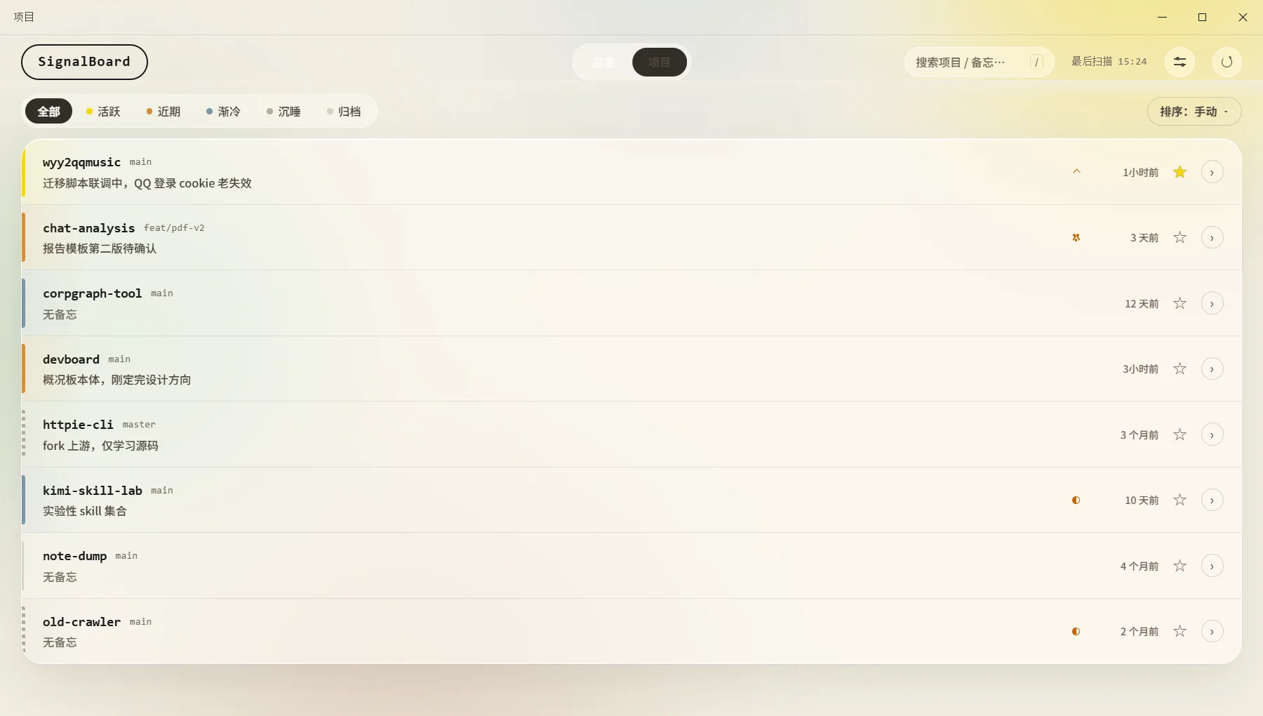 项目页：行式列表与五档活跃分带筛选、图钉置顶（暖阳主题，演示数据）